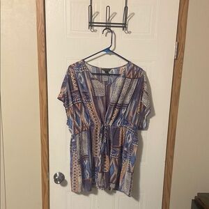 Blue and Gray Flutter Sleeve Tunic with Tie Front